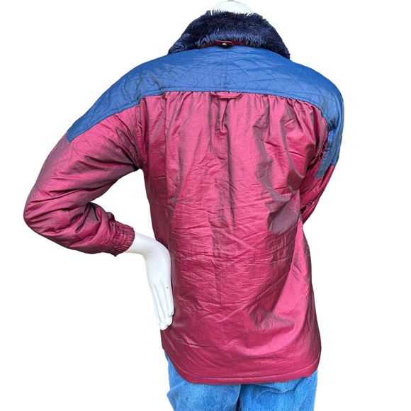 Vintage 90s Maroon & Navy Quilted Puffer Jacket with Faux Fur Trim Size 10 - Picture 8 of 11
